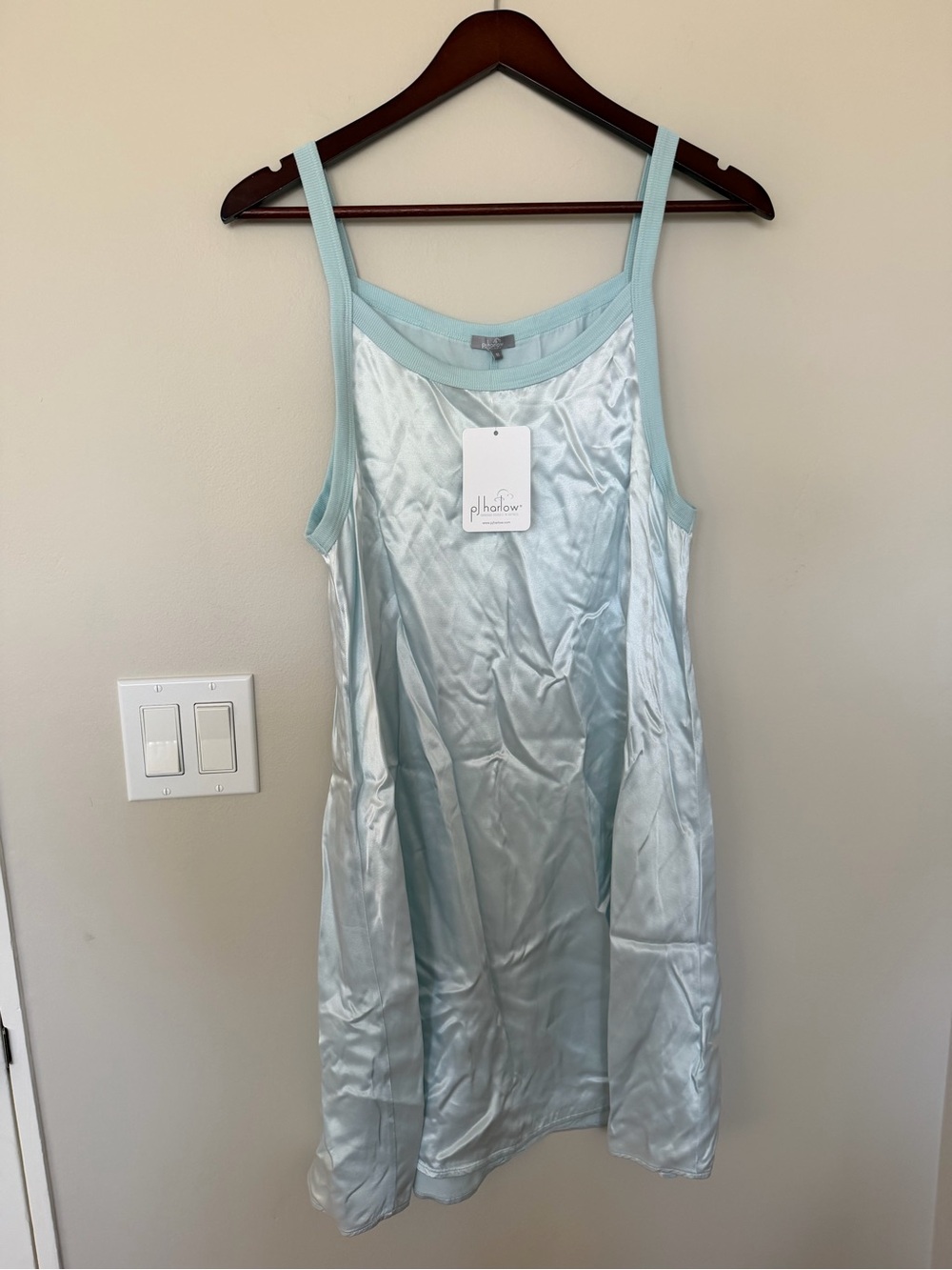 PJ Harlow Satin Slip Chemise in Light Aqua